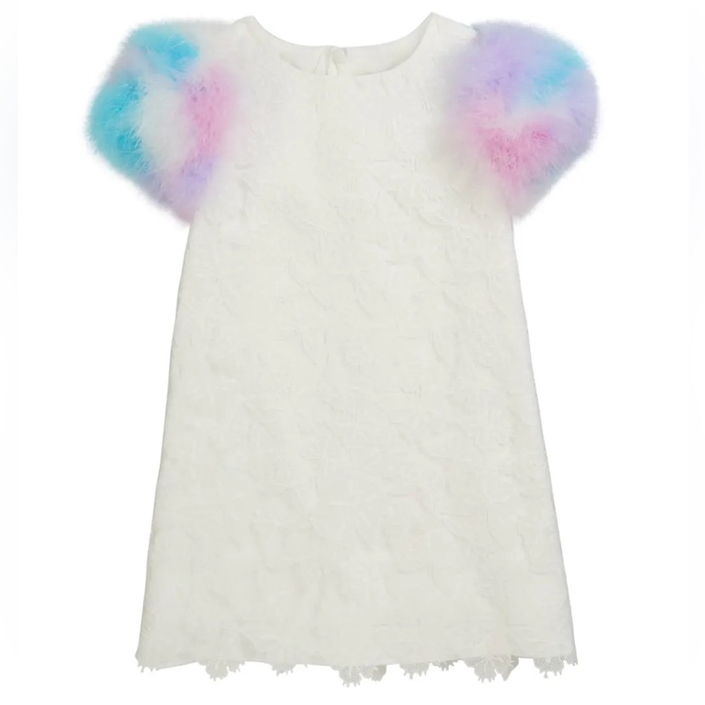 Charabia Butterfly Lace Dress w/ Dyed Feather Sleeves, Size 6A